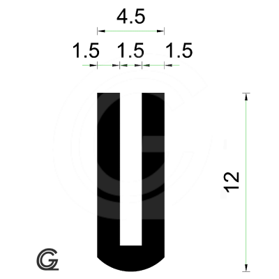 Rubber U Profile | inside size 1,5 mm | height 12 mm | thickness 1,5 mm | Per Meter